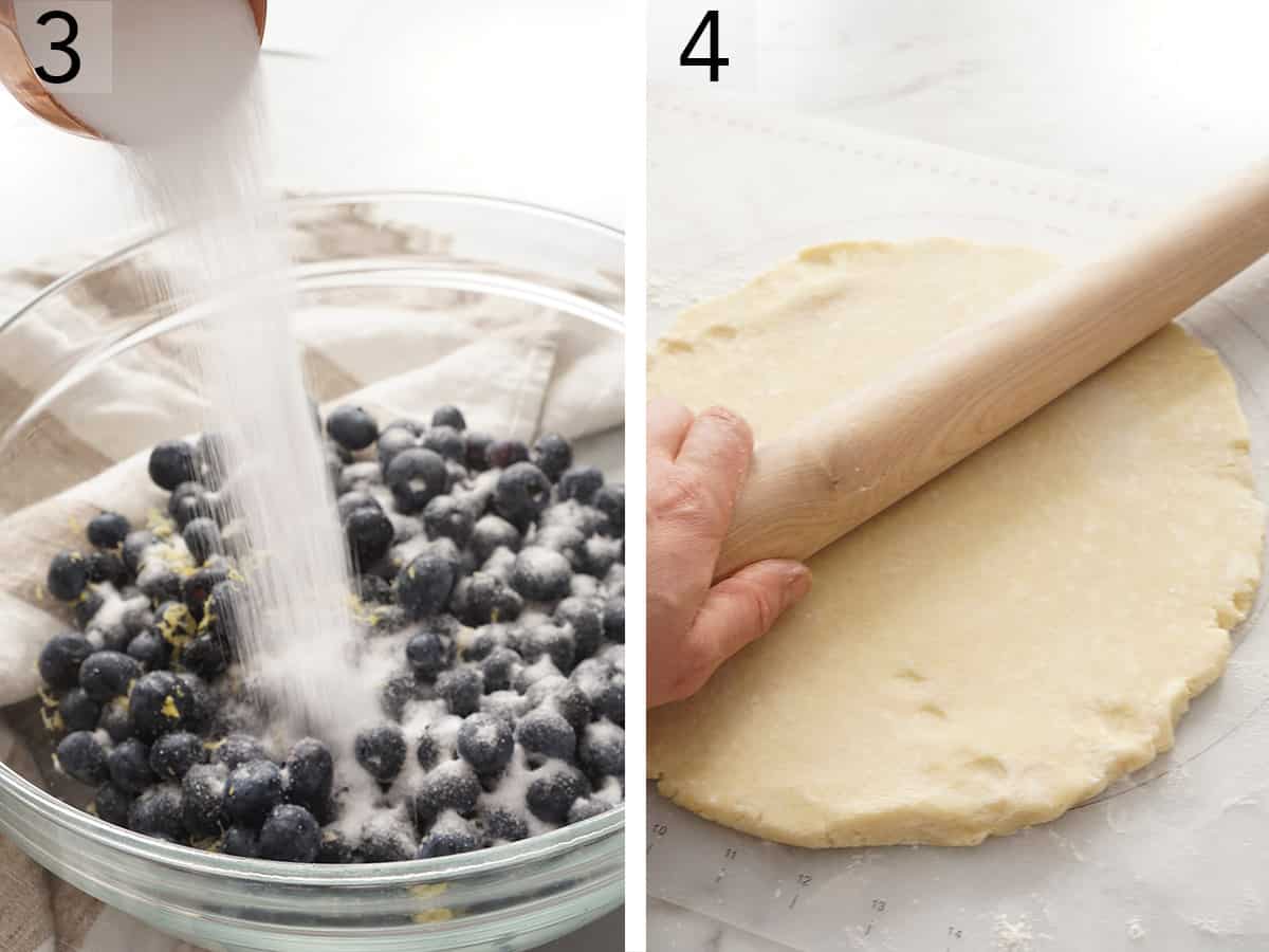 Blueberries getting mixed with sugar, flour and lemon juice for a blueberry galette.