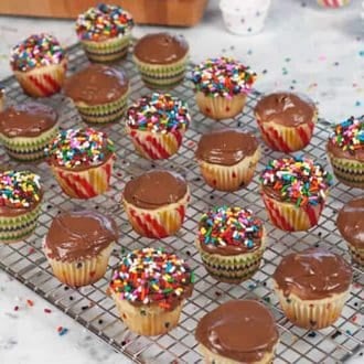 Multiple mini cupcakes frosted on a cooling rack. Half topped with sprinkles.