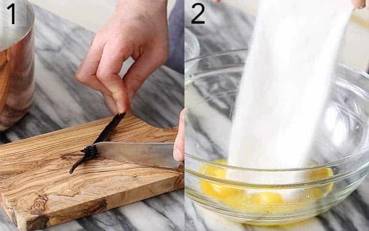 Two photos showing egg yolks and sugar mixing