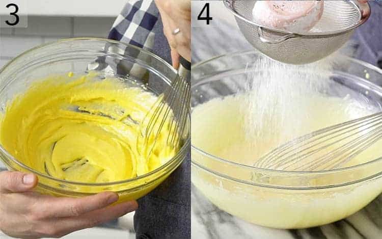 Cornstarch being added to a mixture for pastry cream.