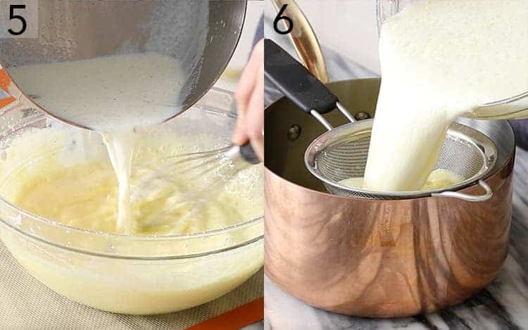 Hot milk pouring into an egg yolk mixture to make pastry cream.