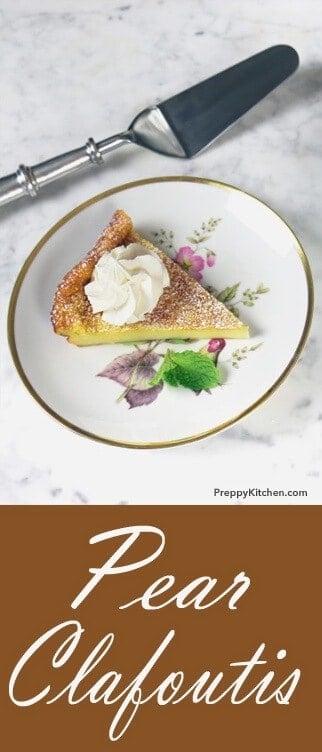 Along with sweater weather, hot drinks, and beautiful leaves, Autumn also brings us delicious pears. One of the easiest ways you can incorporate these into a dessert is as a clafoutis, which is really a hybrid of a custard pie and fancy pancake. Prep time is negligible and the dessert will be ready before you know it. I love to pipe a healthy dollop of whipped cream onto each piece with a sprig of mint but you can add ice-cream and chocolate shavings as well. @PreppyKitchen