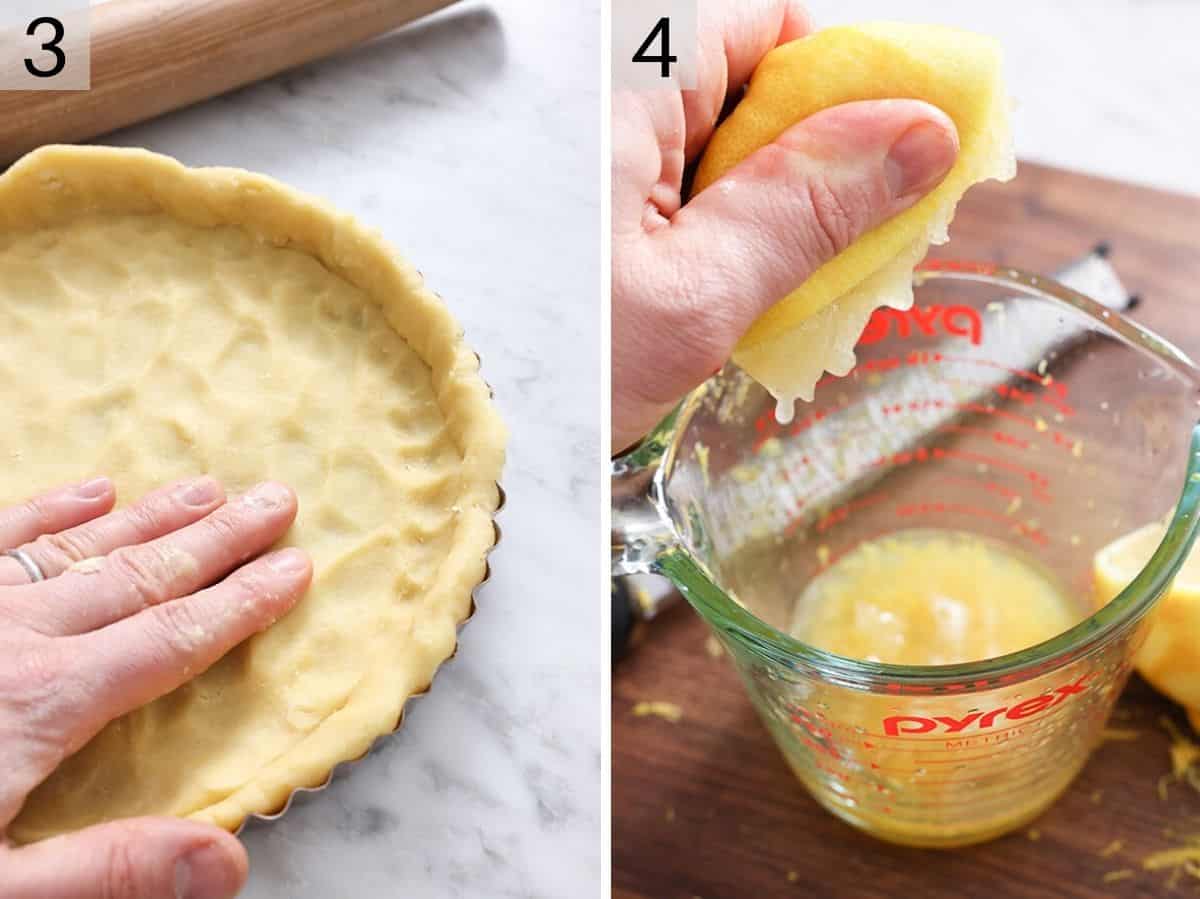 Two photos showing how to put a pie crust in a tart pan and squeeze lemon juice