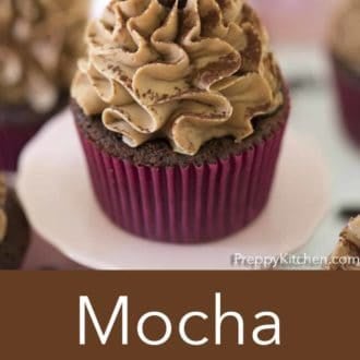 A pinterest graphic of a cupcake topped with mocha buttercream