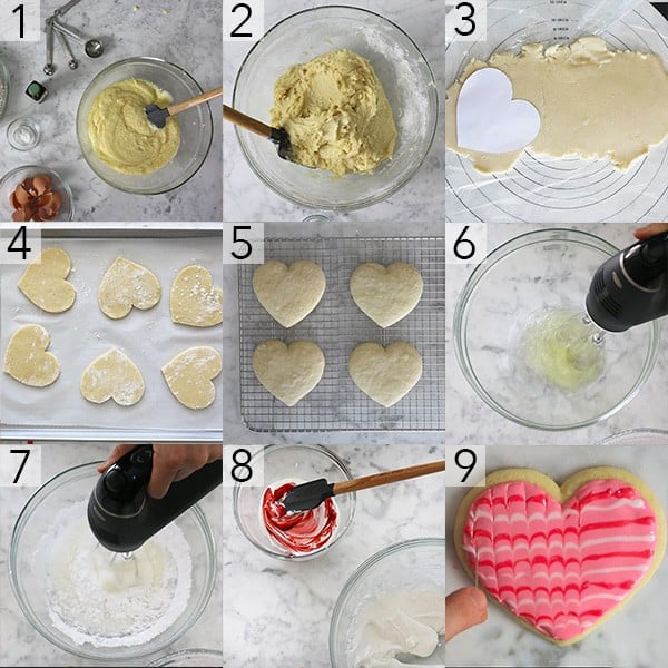 A photo collage showing the steps to make valentine's day sugar cookies.