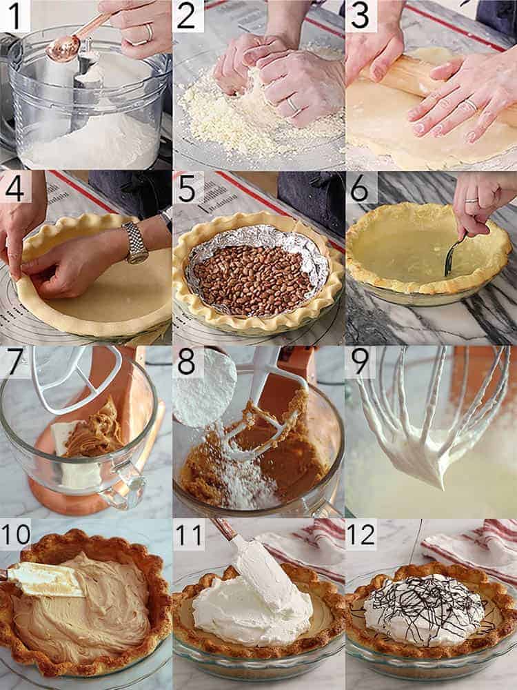 a photo collage showing the steps to make a chocolate peanut butter pie