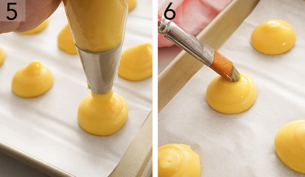 Set of two photos showing choux piped into balls then brushed.