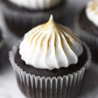 A chocolate chip cupcake topped with toasted meringue.