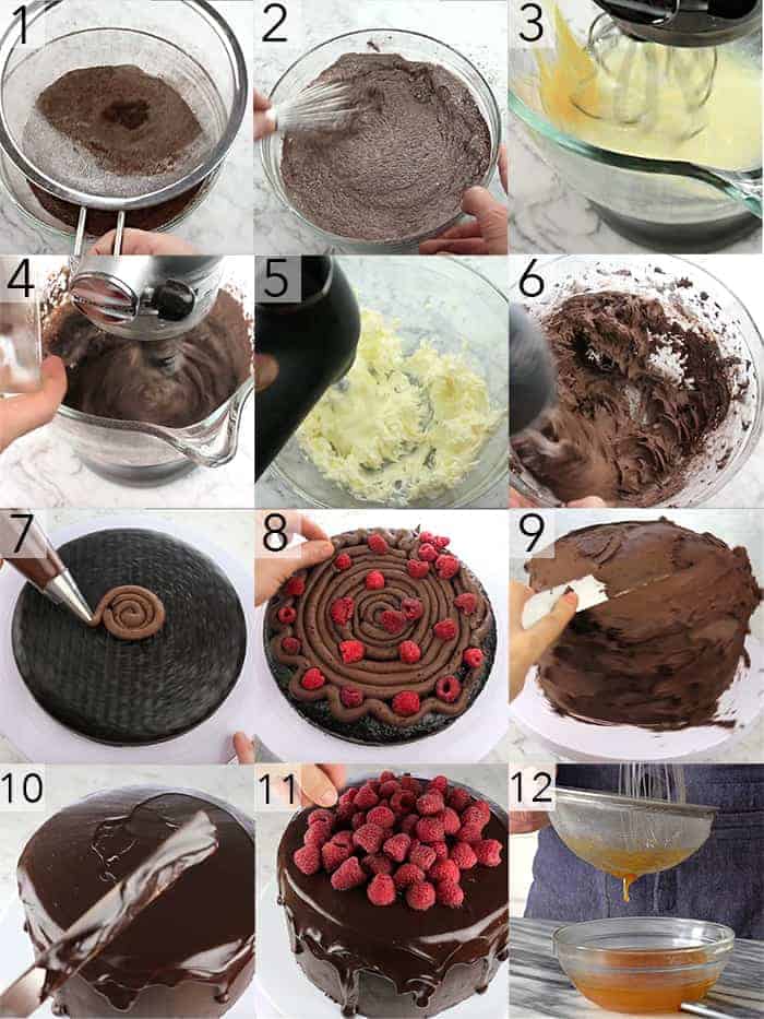 A photo grid showing the steps to make a chocolate raspberry cake