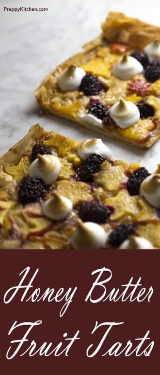 These Honey Butter Fruit Tarts are composed of delicious layers of crispy filo dough, blackberries, and stone fruit. Don't forget that honey butter glaze. It's too good not to try! Or eat all by yourself... @PreppyKitchen