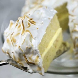 A piece of two layer lemon meringue cake on a cake knife