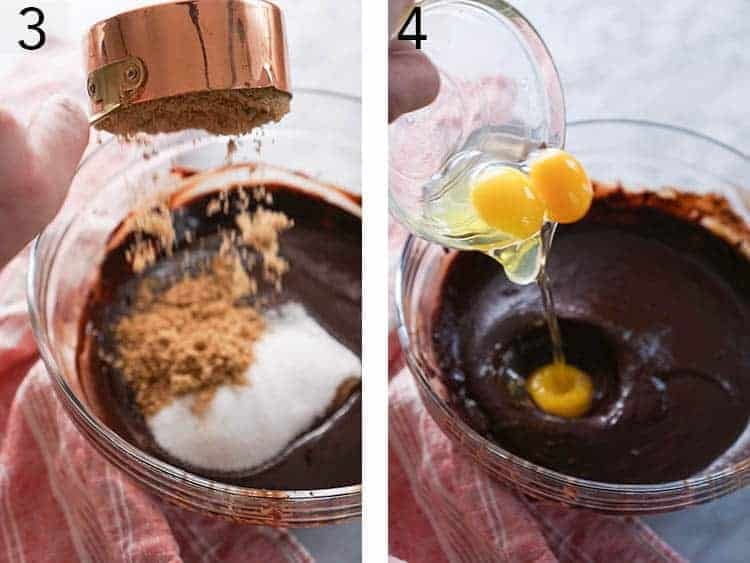 Sugar and eggs being added to Cheesecake brownie batter.