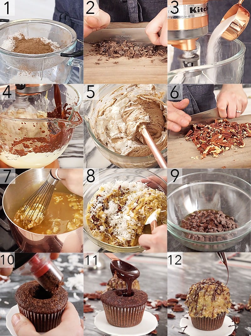 A photo showing steps on how to make German chocolate cupcakes.