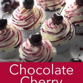 chocolate cherry cupcakes on a white marble counter