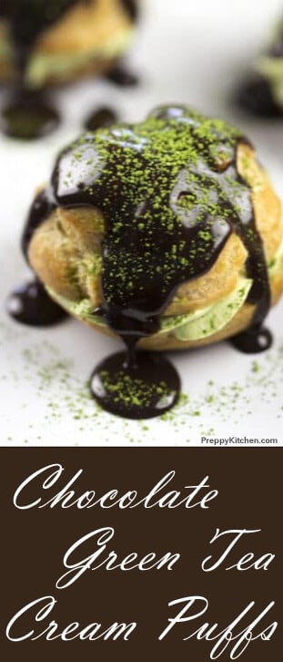 Chocolate Green Tea Cream Puffs are to die for. These cream puffs are covered in chocolate and filled with a delicate green tea whipped cream. You won't be able to eat just one! @PreppyKitchen