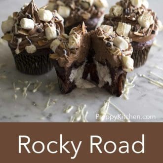 Pinterest graphic of four rocky road cupcakes with the one in front cut in half.