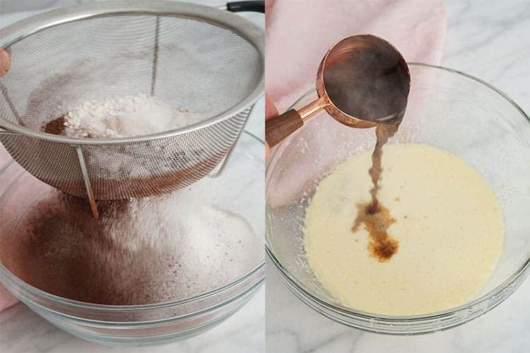 A photo collage showing dry ingredients being sifted and wet ingredients mixed