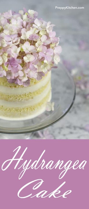 This hydrangea cake is the CUTEST cake ever, and it only takes a few minutes to decorate. Just add the deconstructed hydrangea before serving and remove when you're ready to cut, they shouldn't be eaten. Super yummy and pretty! @PreppyKitchen
