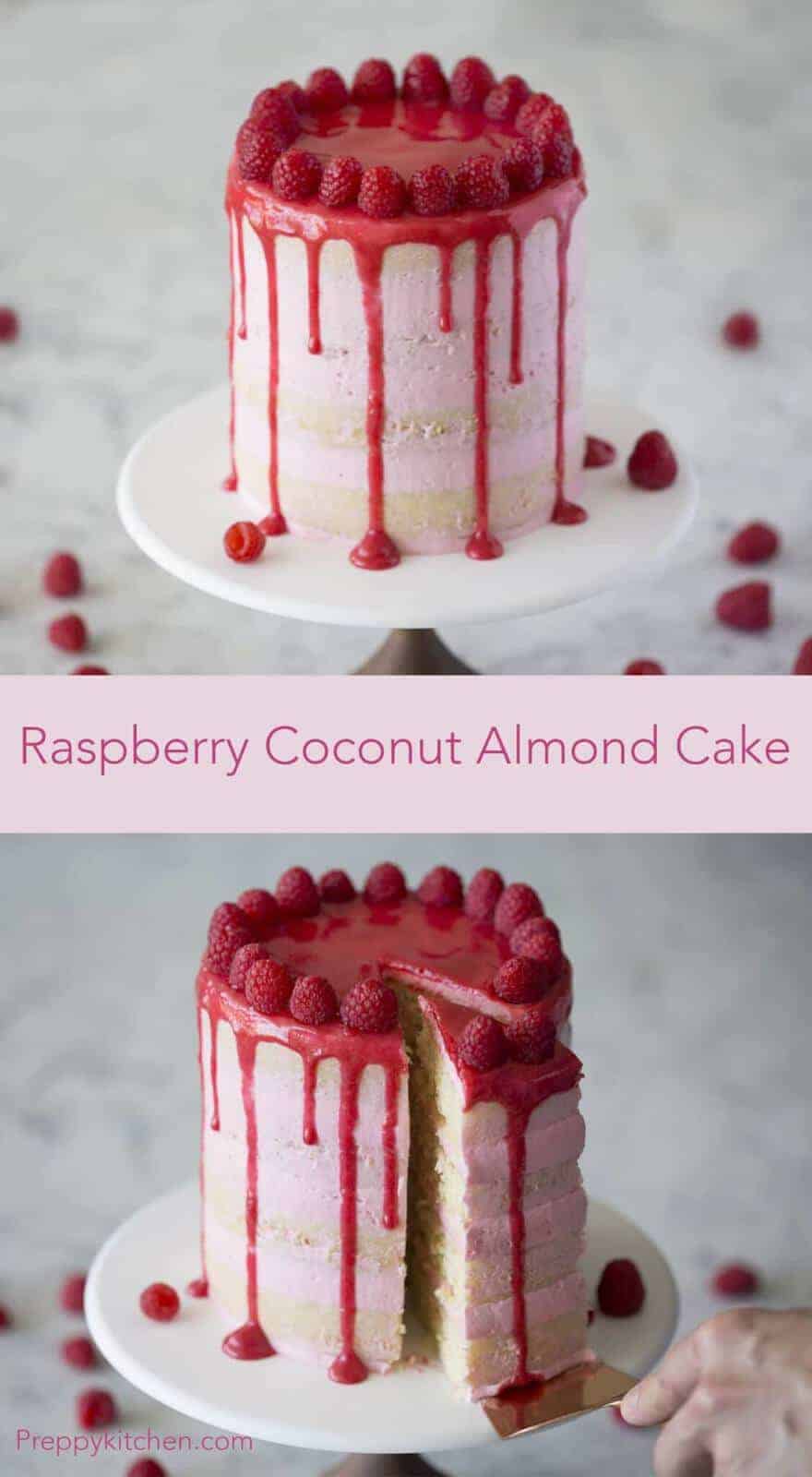 Raspberries aren't the surprise in this cake! The cake itself has coconut, vanilla and almonds; perfectly complementing the zesty buttercream. Click over for full recipe and video.