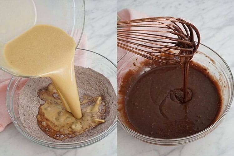 A photo collage showing some steps for making chocolate cupcakes