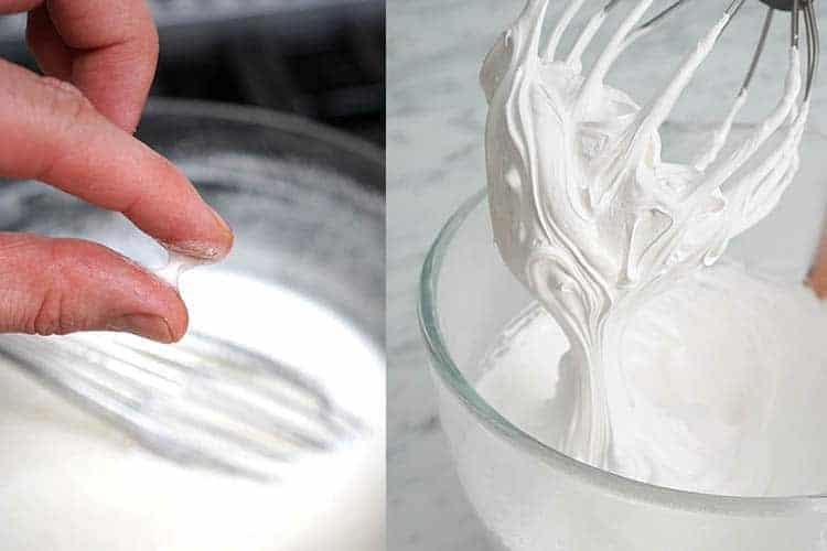 two photos showing Swiss meringue being made
