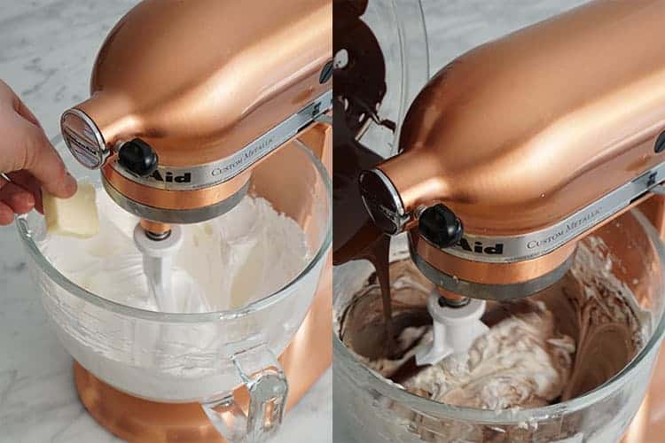 Two photos showing Swiss meringue having butter and chocolate added