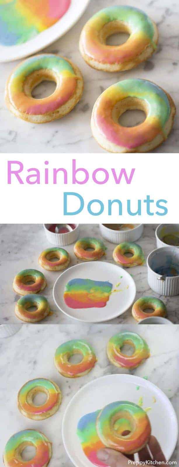 Delicious baked vanilla donuts with a beautiful rainbow effect. Click over for recipe and video.