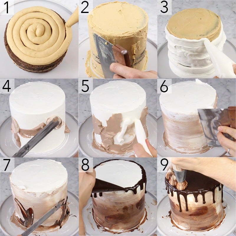 A photo showing steps on how to assemble a chocolate peanut butter cake.