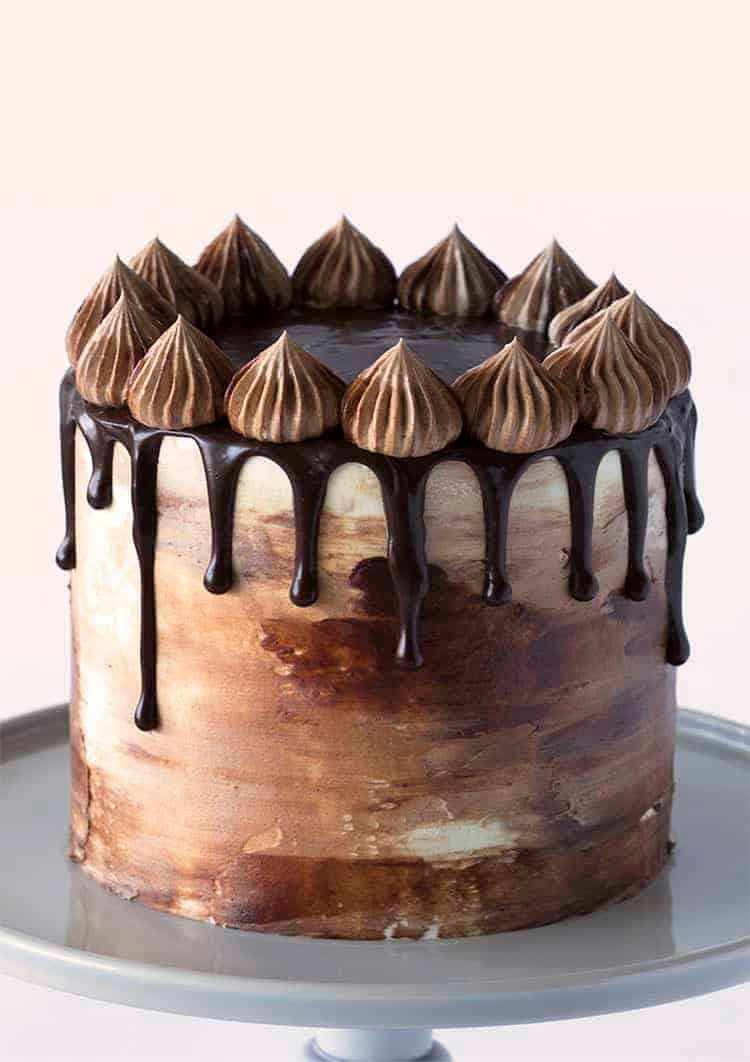 A chocolate peanut butter cake on a grey cake stand