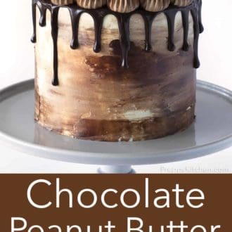 three layer chocolate peanut butter cake on a gray cake stand