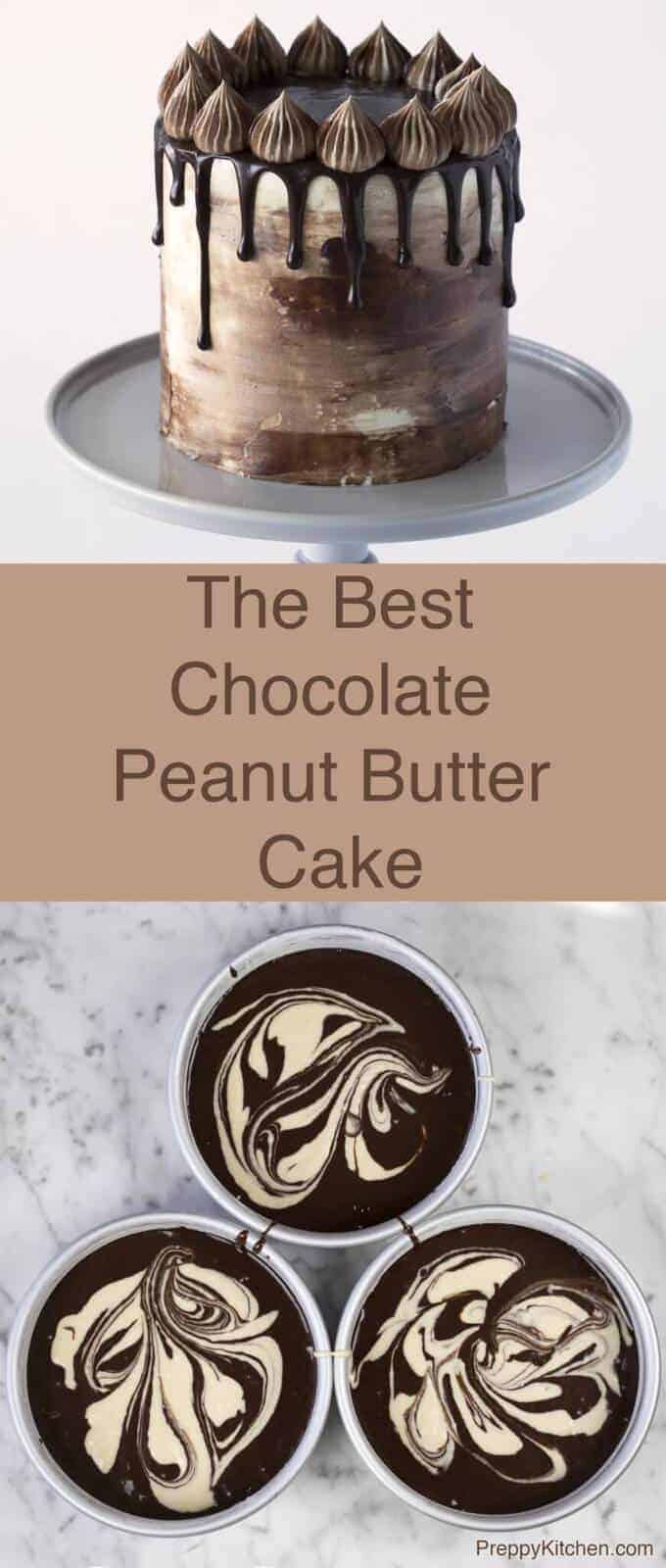 A super-rich chocolate cake, with swirls of peanut butter batter covered in peanut butter frosting then finished off with Italian buttercream and more chocolate