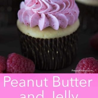 A pinterest graphic of peanut butter and jelly cupcakes.