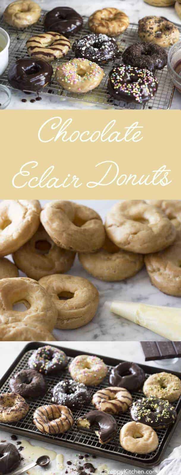 These look just like donuts but they're delicious chocolate eclairs! Light as air puffs of choux filled with a vanilla pastry cream and then smothered in dark and white chocolate.