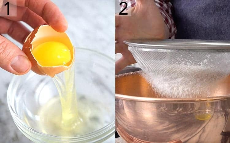 Two photos showing eggs being separated and ingredients being sifted.