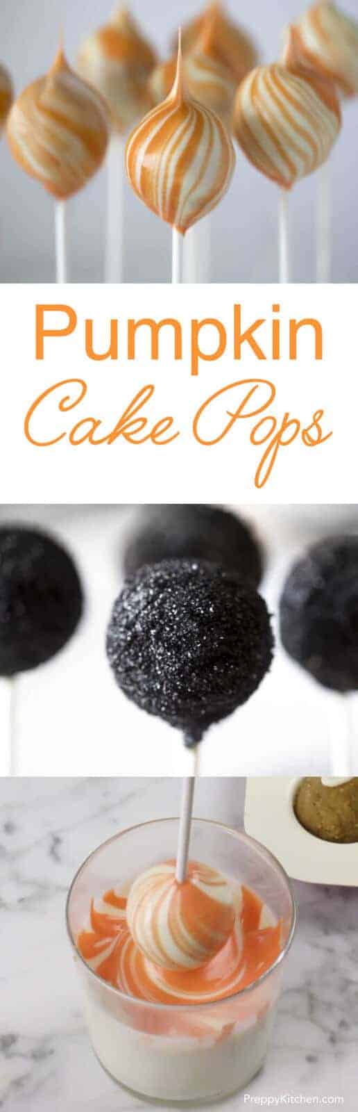 Easy and delicious pumpkin cake pops coated in white chocolate and swirled with orange or dusted in black sanding sugar. Click over for the video and recipe!