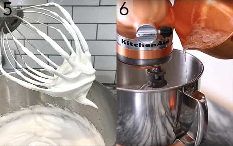 Two photos showing meringue on a whisk and sugar syrup being poured into a mixer.