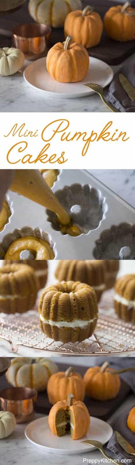 What could be cuter than some trompe l’oeil mini pumpkin cakes? The cakes are moist and full of Fall spices, which are nicely complimented by the cream cheese frosting in the middle and buttercream outside. Click over for recipe and video.