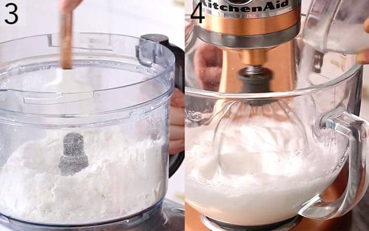 Two photos showing ingredients getting pulsed and meringue being whipped.