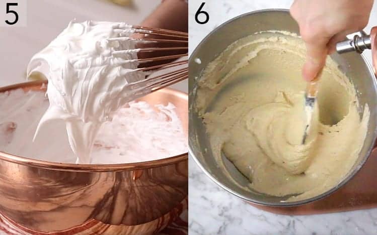 Two photos showing stiff meringue and macaronage of ingredients.