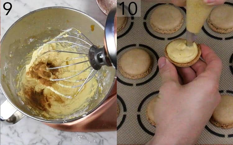 Two photos showing pumpkin buttercream getting made and piped onto macaron shells.