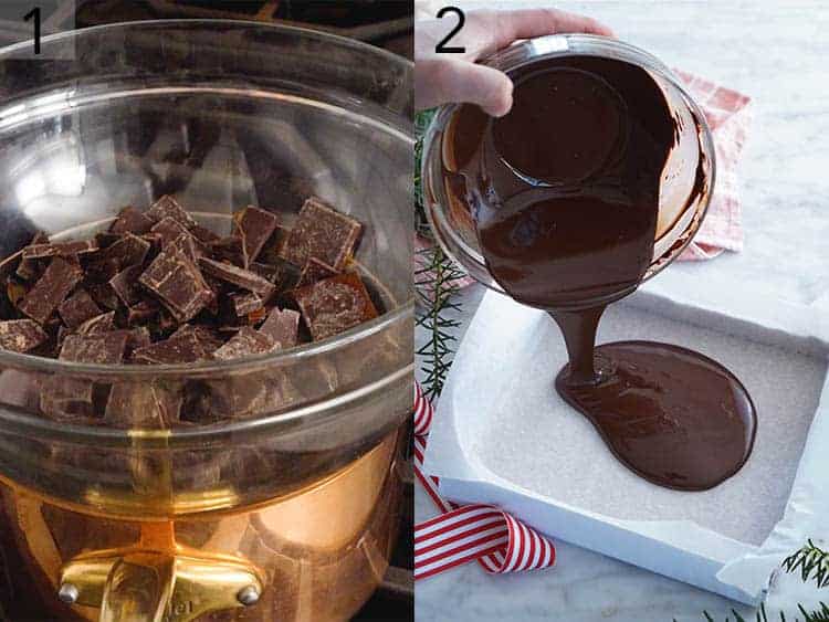 Two photos showing dark chocolate being melted and poured to make peppermint bark.