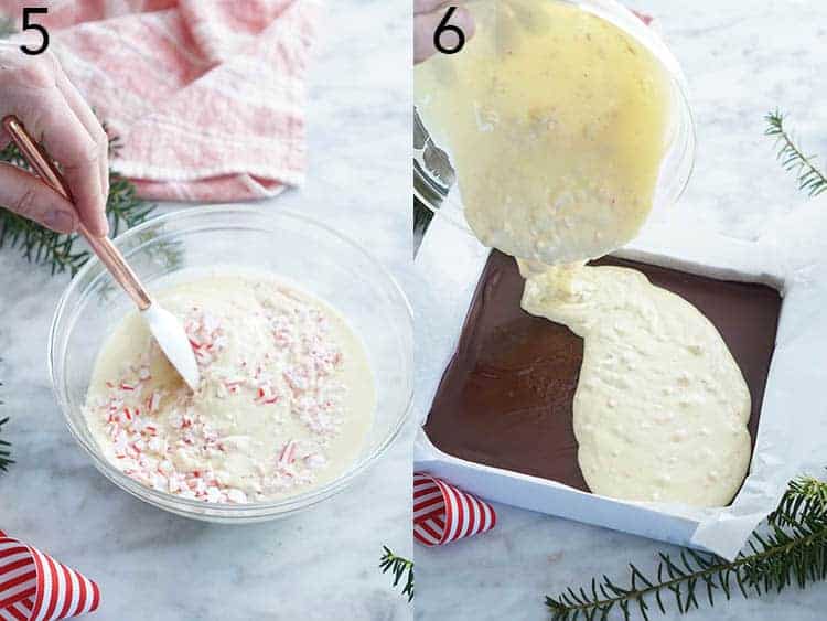 Two photos showing white chocolate being mixed and poured to make peppermint bark.