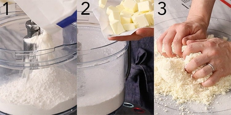 A photo collage showing the steps to make pie crust in a food processor