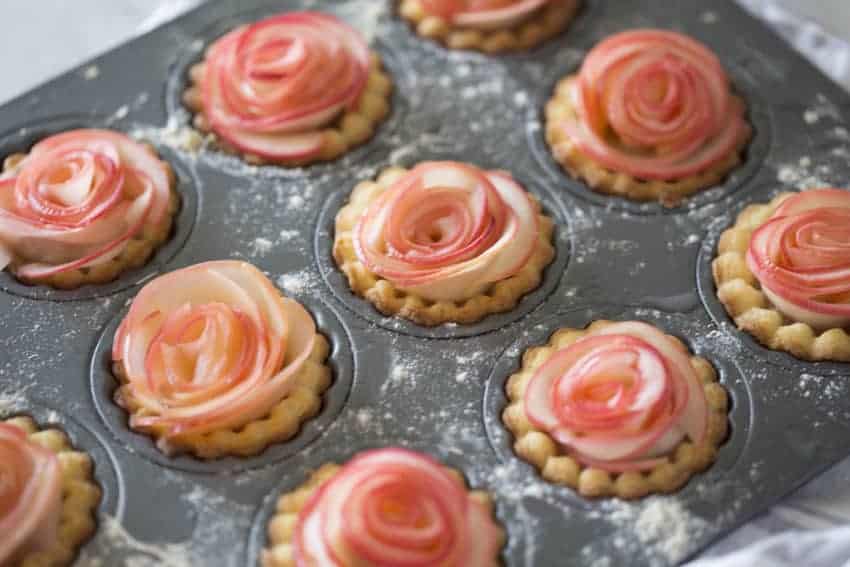 A photo of Rose Apple Tarts completed and ready to bake.
