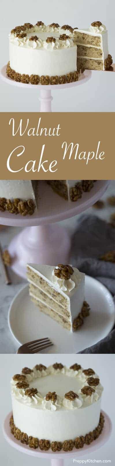 A rich walnut maple cake complemented by a maple bourbon glaze, cream cheese frosting, Italian buttercream and maple candied walnuts.
