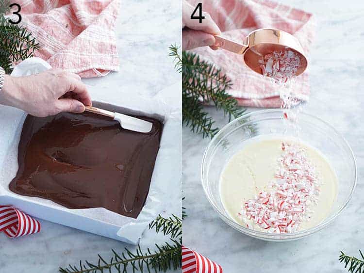 Two photos showing dark chocolate being smoothed and candy cane pieces bing added to white chocolate to make peppermint bark.