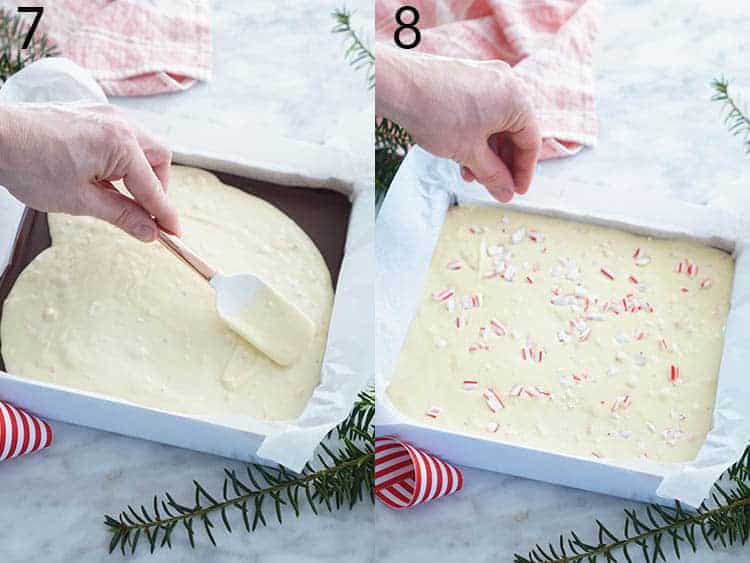 Two photos showing white chocolate being smoothed and sprinkled with candy canes to make peppermint bark.