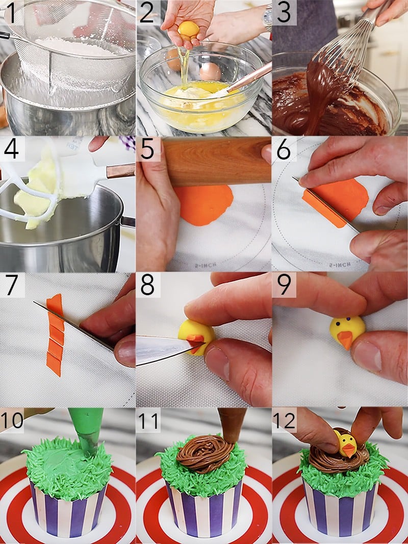 A photo showing steps on how to make an Easter chick cupcake.