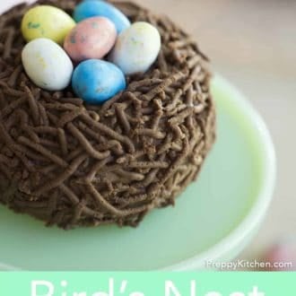 birds nest easter cake on a cake stand