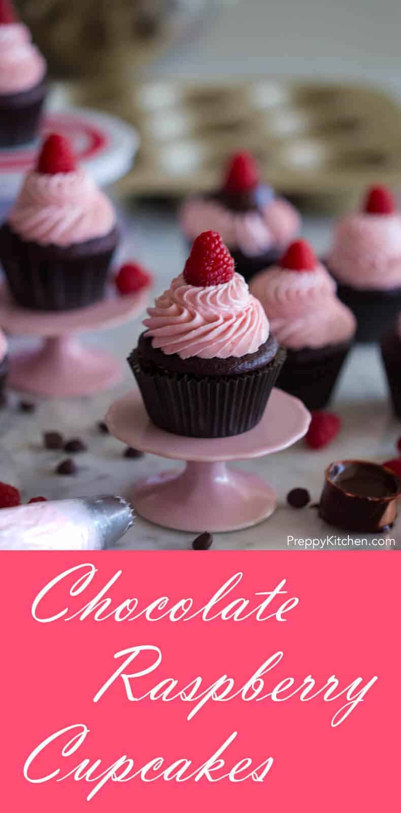 Rich chocolate cupcakes filled with an indulgent ganache and topped with Italian buttercream flavored with a raspberry reduction.